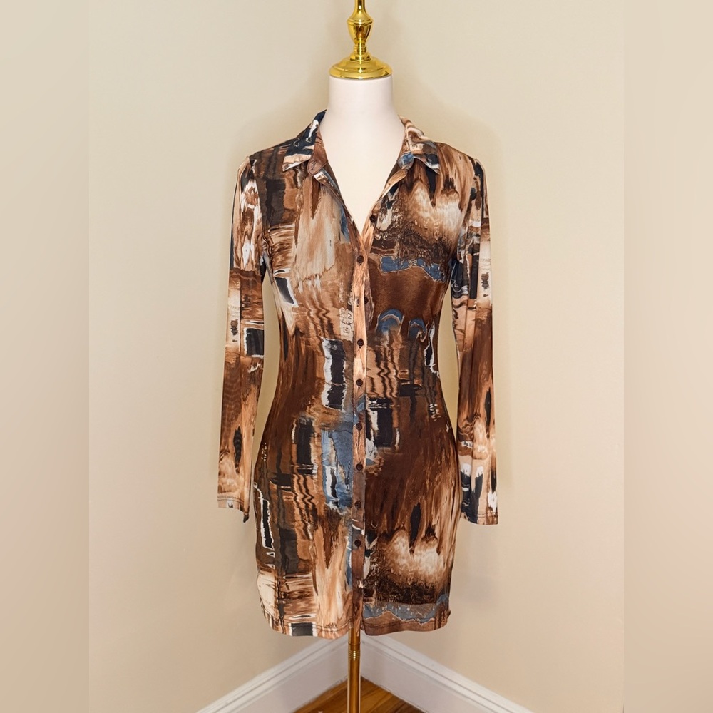 12th Tribe Brown Abstract Mesh Long Sleeve Mini Dress Shirt Dress Size S